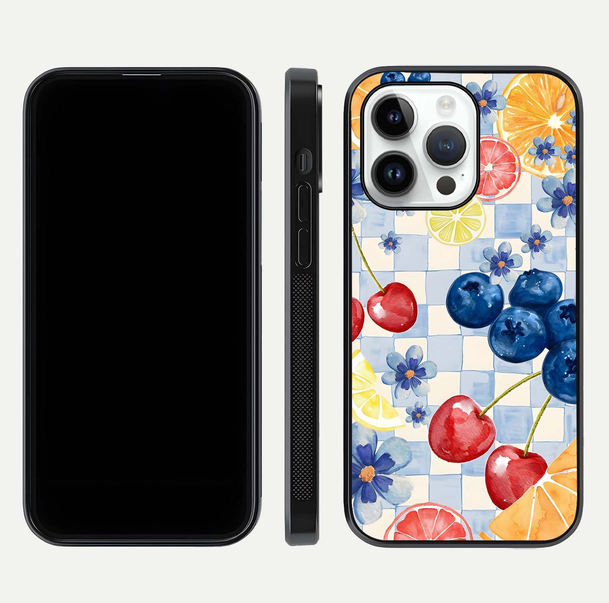 Citrus Bloom Joy Glass Case for iPhone 14 Pro dual-view layout displaying colorful print and smooth edges