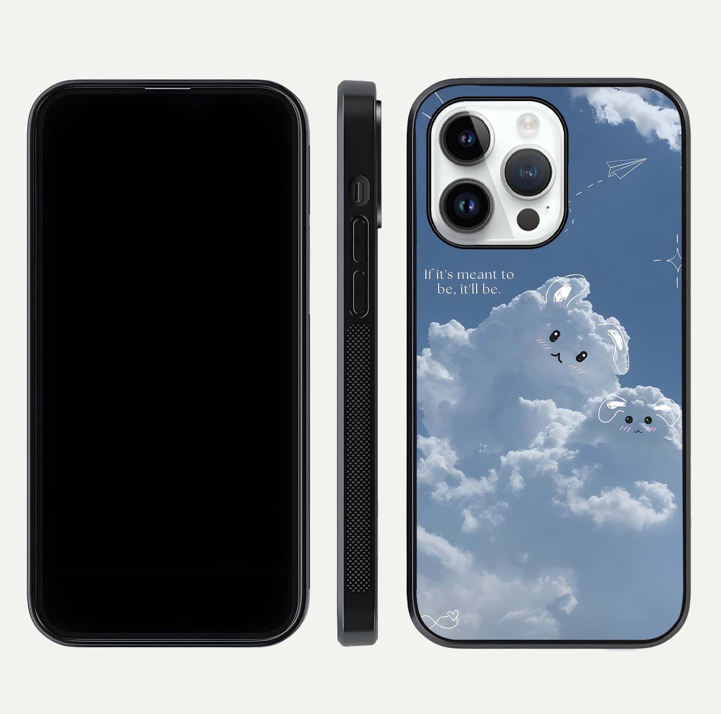 Cloud Bunny Dreams Glass Case for iPhone 14 Pro dual-view layout displaying aesthetic tones and smooth polish