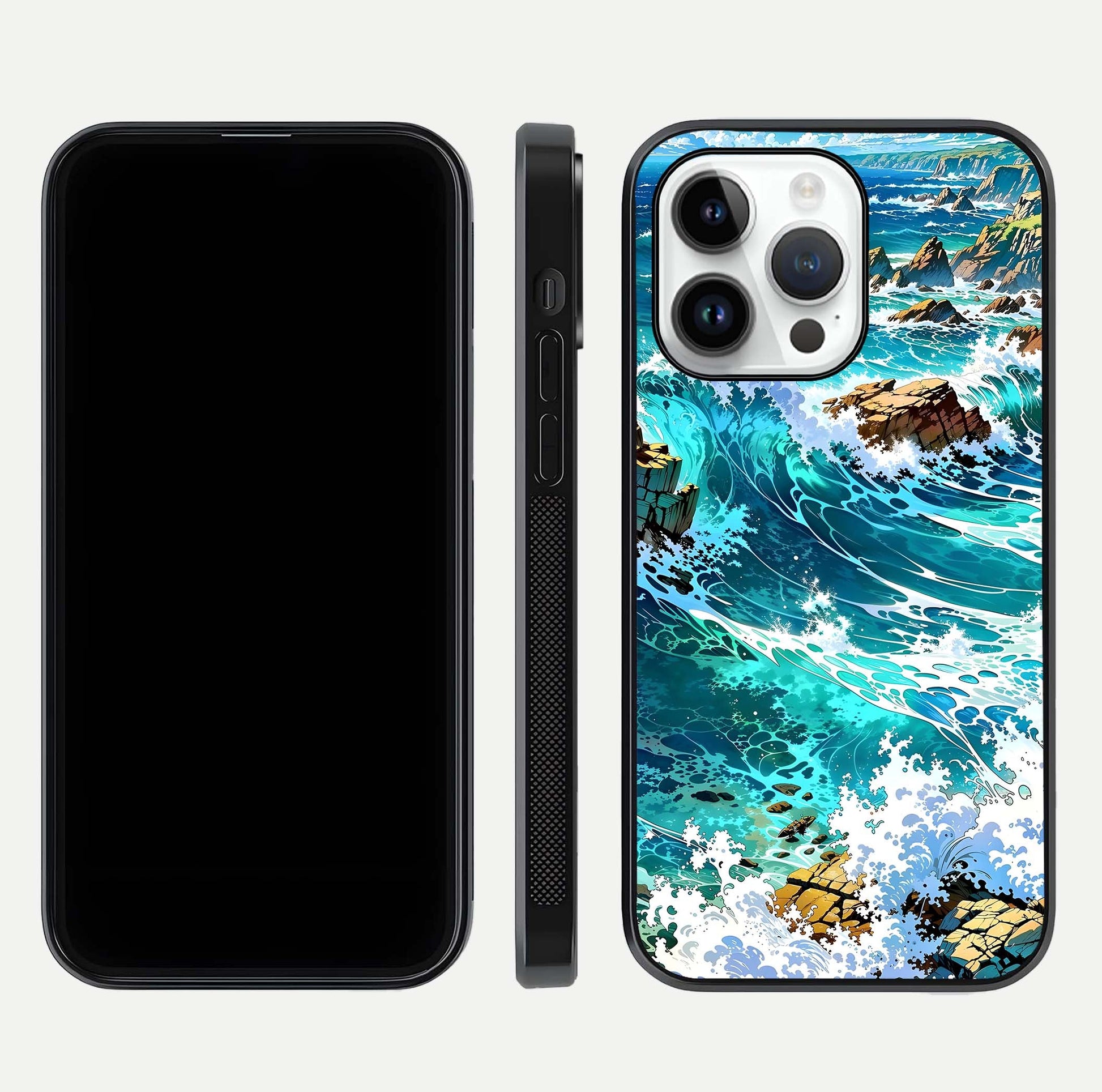 Coastal Blue Waves Glass Case for iPhone 14 Pro dual-view layout displaying sea tones and curved finish