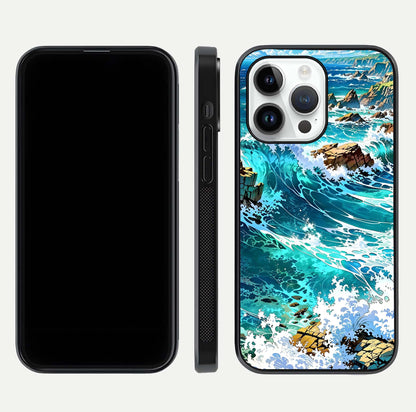 Coastal Blue Waves Glass Case for iPhone 14 Pro dual-view layout displaying sea tones and curved finish