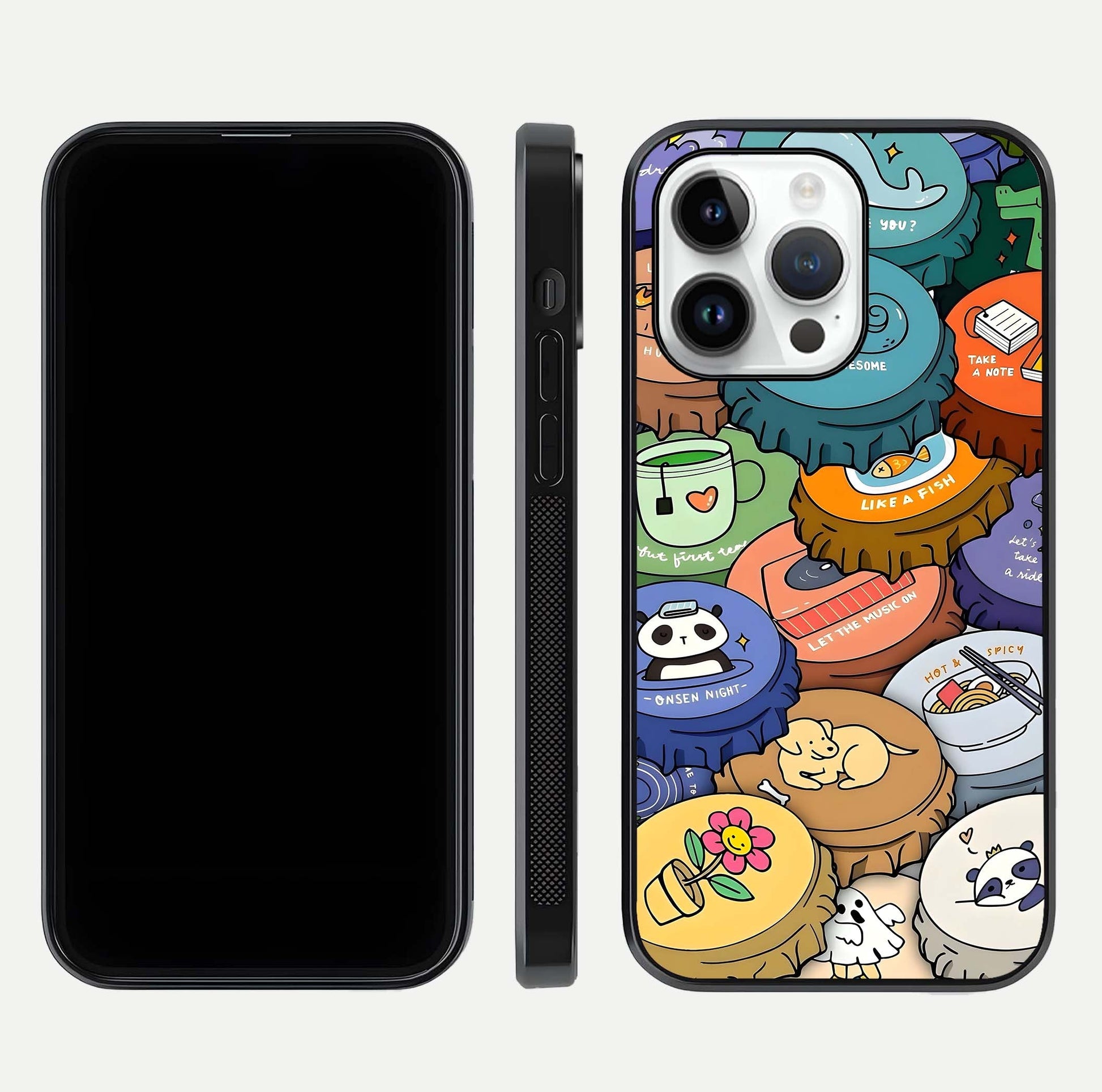 Coins Patterns Glass Case for iPhone 14 Pro dual-view layout displaying elegant art and glass clarity