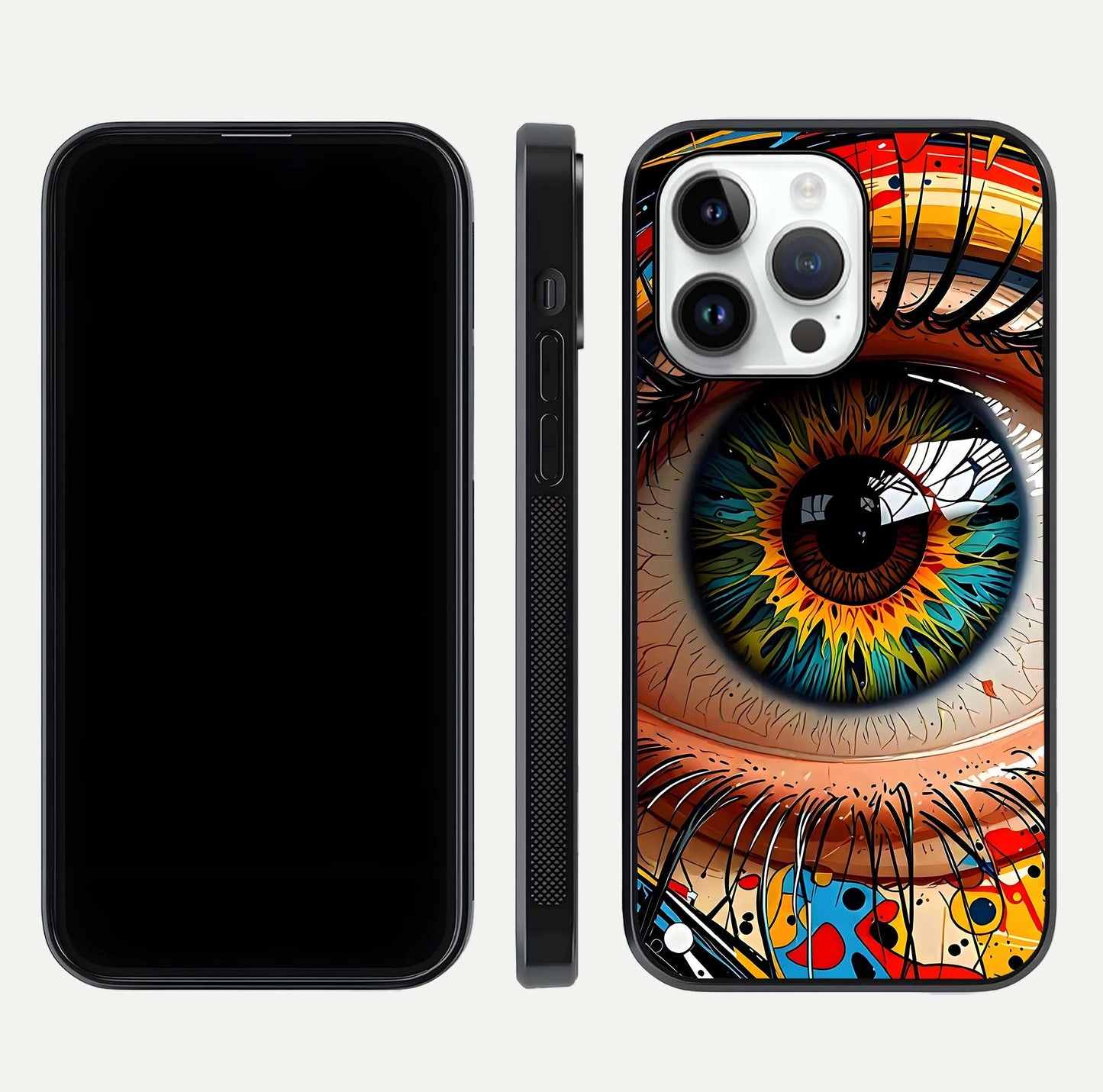 Colorful Eye Glass Case for iPhone 14 Pro dual-view layout displaying vivid tones and smooth glass edges