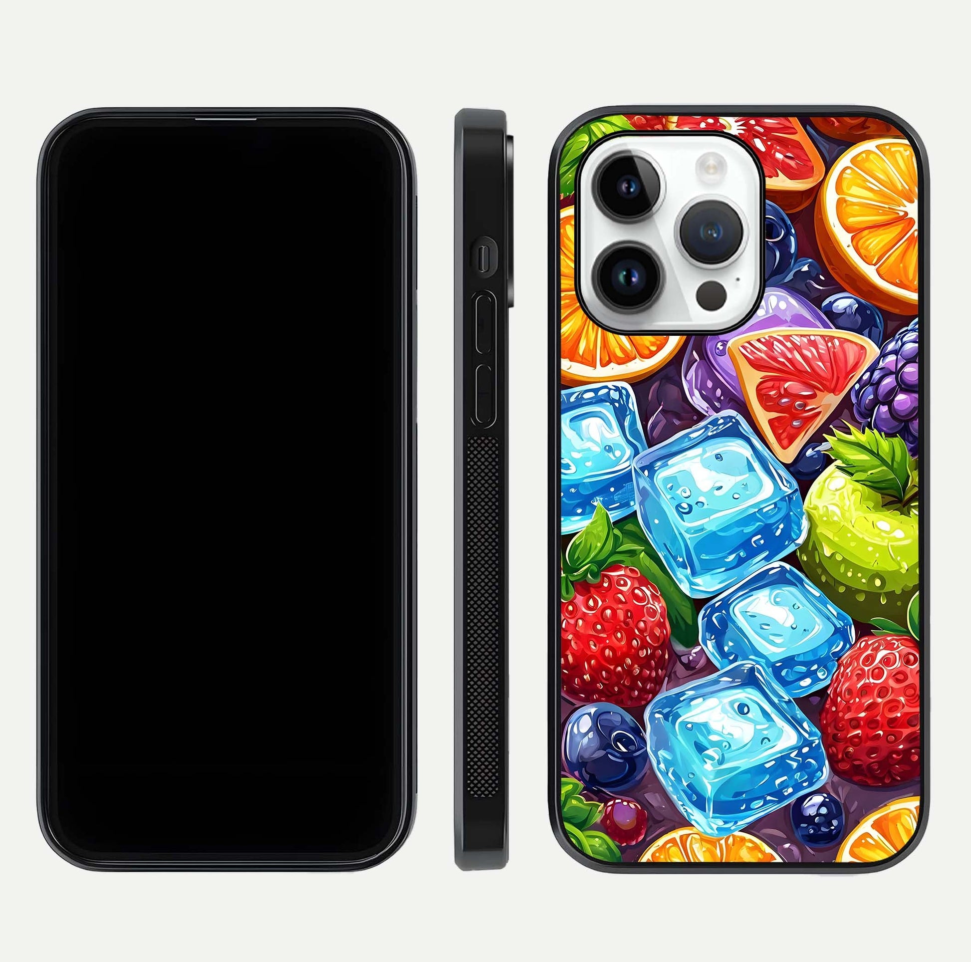 Colorful Fruits with Ice Glass Case for iPhone 14 Pro dual-view layout showing fresh tones and polished edges