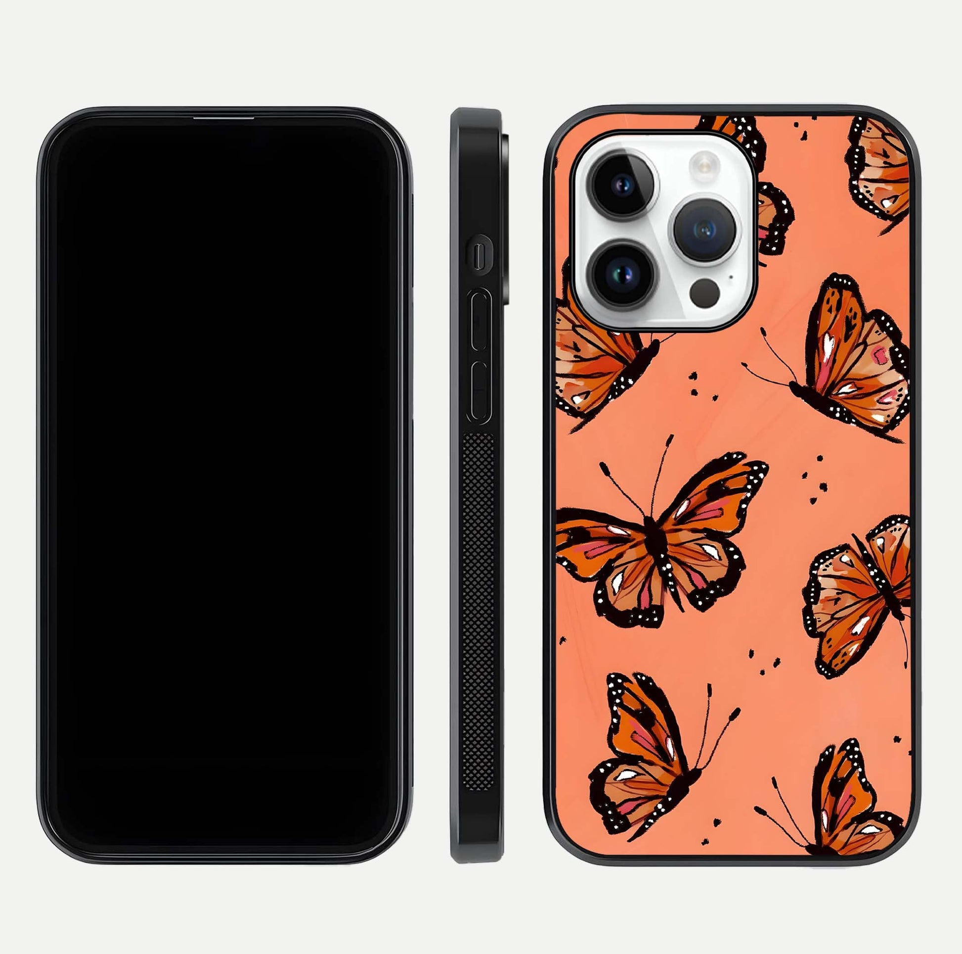 Coral Wing Butterfly Glass Case for iPhone 14 Pro dual-view layout displaying soft floral tones and curved edges