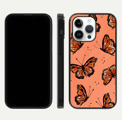 Coral Wing Butterfly Glass Case for iPhone 14 Pro dual-view layout displaying soft floral tones and curved edges