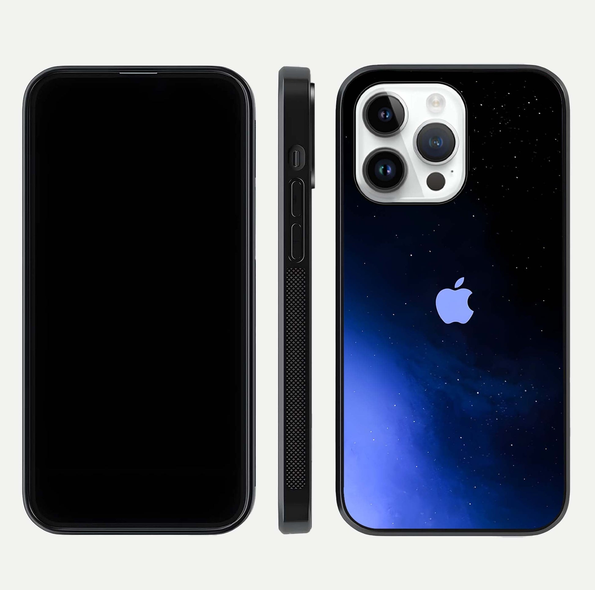 Cosmic Blue Apple Glass Case for iPhone 14 Pro dual-view layout displaying cosmic tones and glass edges