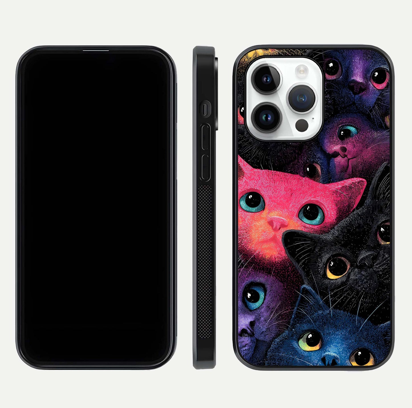 Cosmic Cats Dreams Glass Case for iPhone 14 Pro dual-view layout displaying HD print and glossy shine