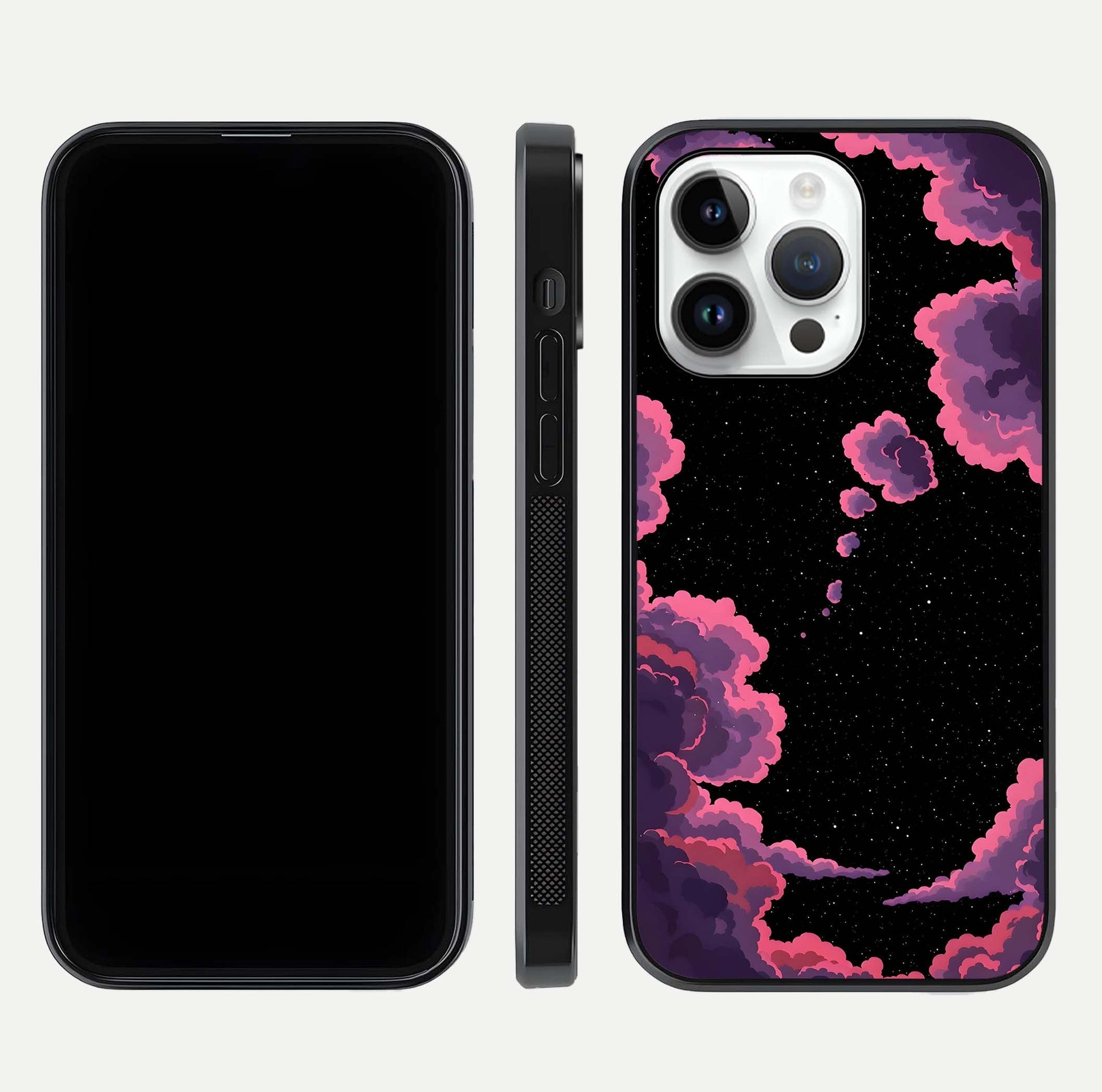 Cosmic Cloud Journey Glass Case for iPhone 14 Pro dual-view layout displaying celestial tones and edge clarity