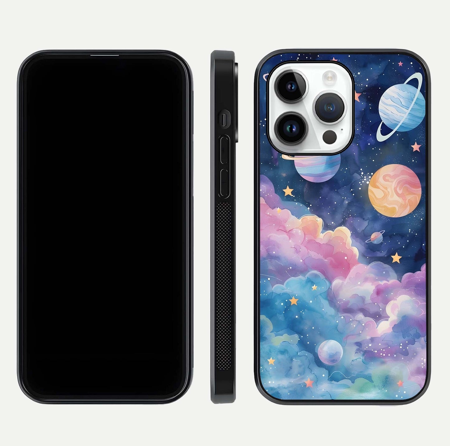 Cosmic Planet Dreams Glass Case for iPhone 14 Pro dual-view layout displaying galaxy colors and curved finish