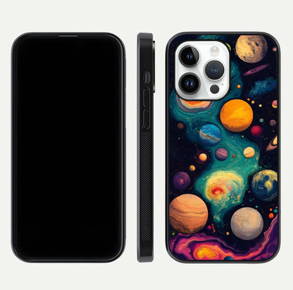 Cosmic Planet Journey Glass Case for iPhone 14 Pro dual-view layout displaying colorful cosmic balance