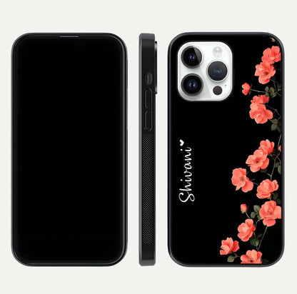 Crimson Bloom Grace Custom Name Glass Case for iPhone 14 Pro dual-view layout displaying custom text and smooth curved edges