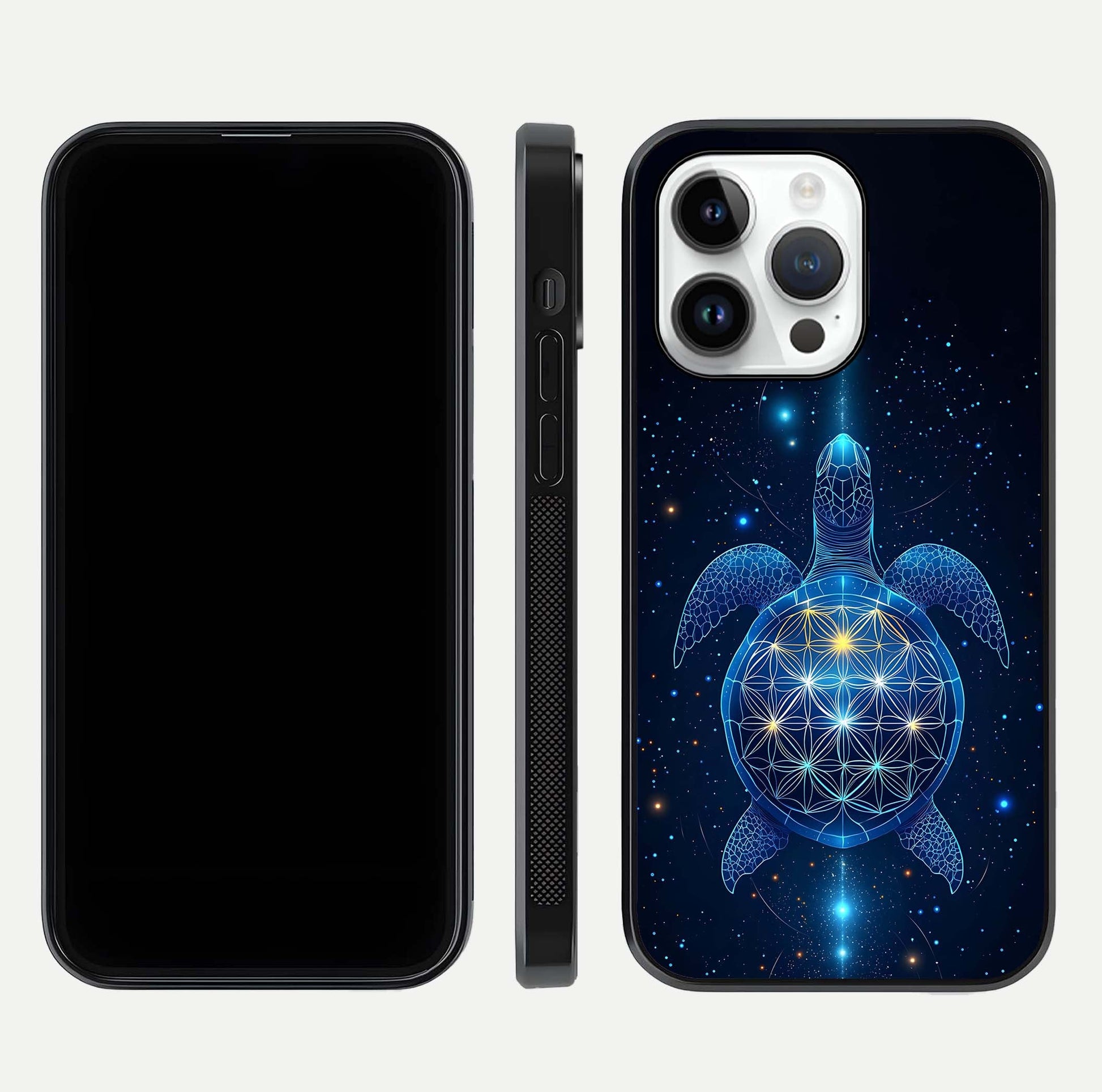 Crimson Blue Turtle Glass Case for iPhone 14 Pro dual-view layout displaying ocean tones and HD finish
