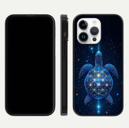 Crimson Blue Turtle Glass Case for iPhone 14 Pro dual-view layout displaying ocean tones and HD finish