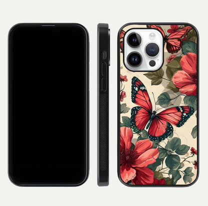Crimson Butterfly Garden Glass Case for iPhone 14 Pro dual-view layout displaying floral patterns and edge finish