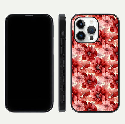 Crimson Love Petals Glass Case for iPhone 14 Pro dual-view layout displaying floral charm and curved glass