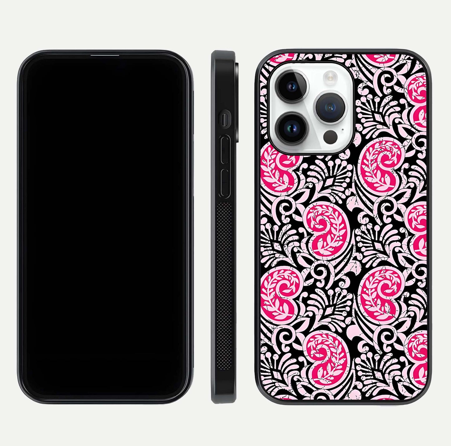 Crimson Paisley Charm Glass Case for iPhone 14 Pro dual-view layout displaying HD print and curved polish