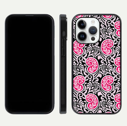 Crimson Paisley Charm Glass Case for iPhone 14 Pro dual-view layout displaying HD print and curved polish