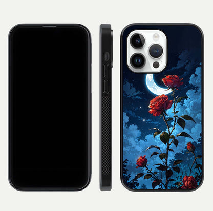 Crimson Rose Moon Glass Case for iPhone 14 Pro dual-view layout displaying red tones and soft gloss