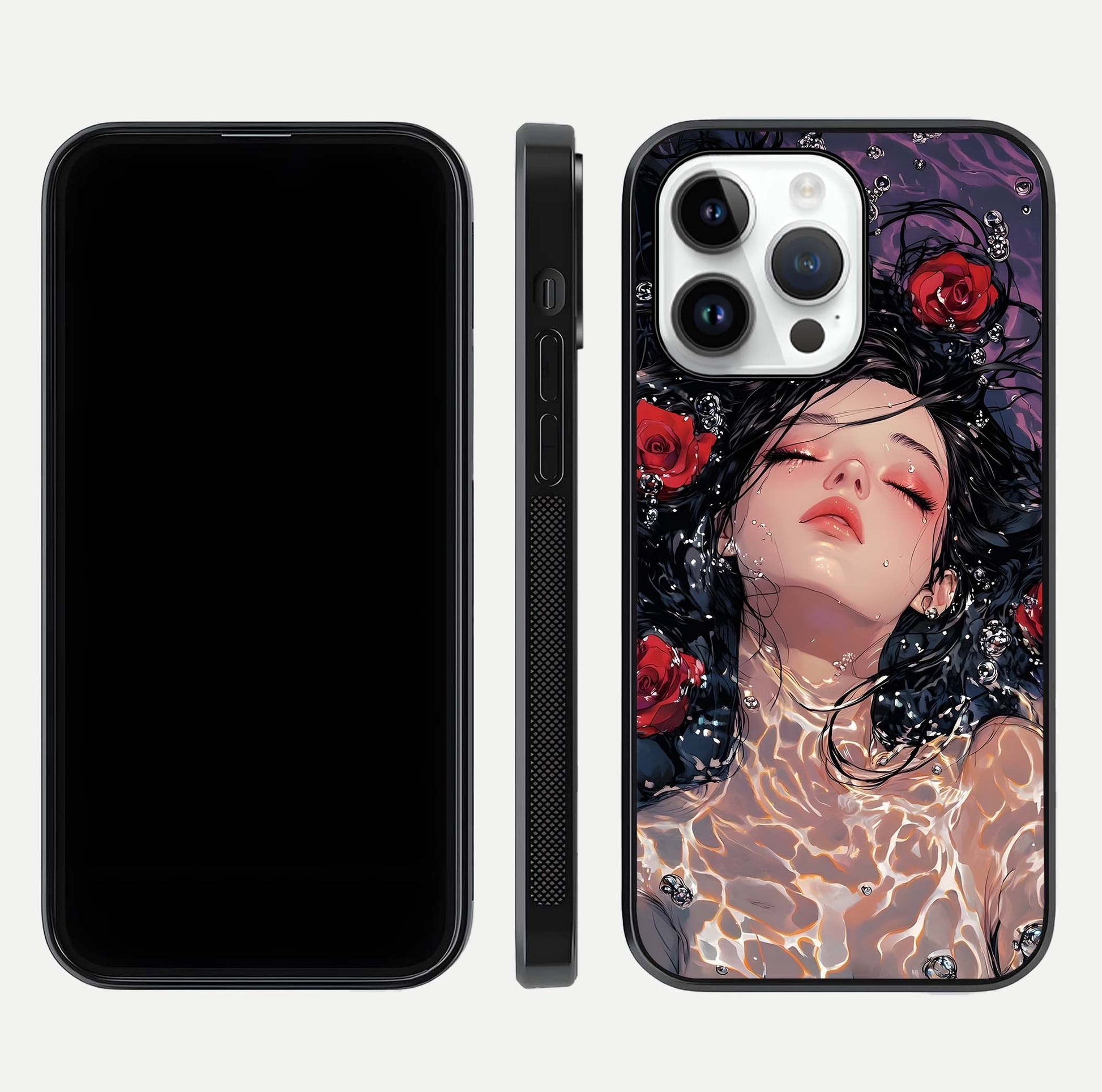 Crimson Rose Serenity Glass Case for iPhone 14 Pro dual-view layout displaying serenity tones and curved glass