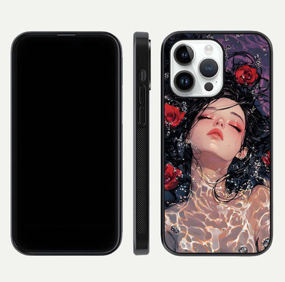 Crimson Rose Serenity Glass Case for iPhone 14 Pro dual-view layout displaying serenity tones and curved glass