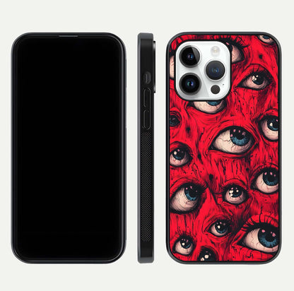 Crimson Watch Eyes Glass Case for iPhone 14 Pro dual-view layout displaying abstract tones and curved edges
