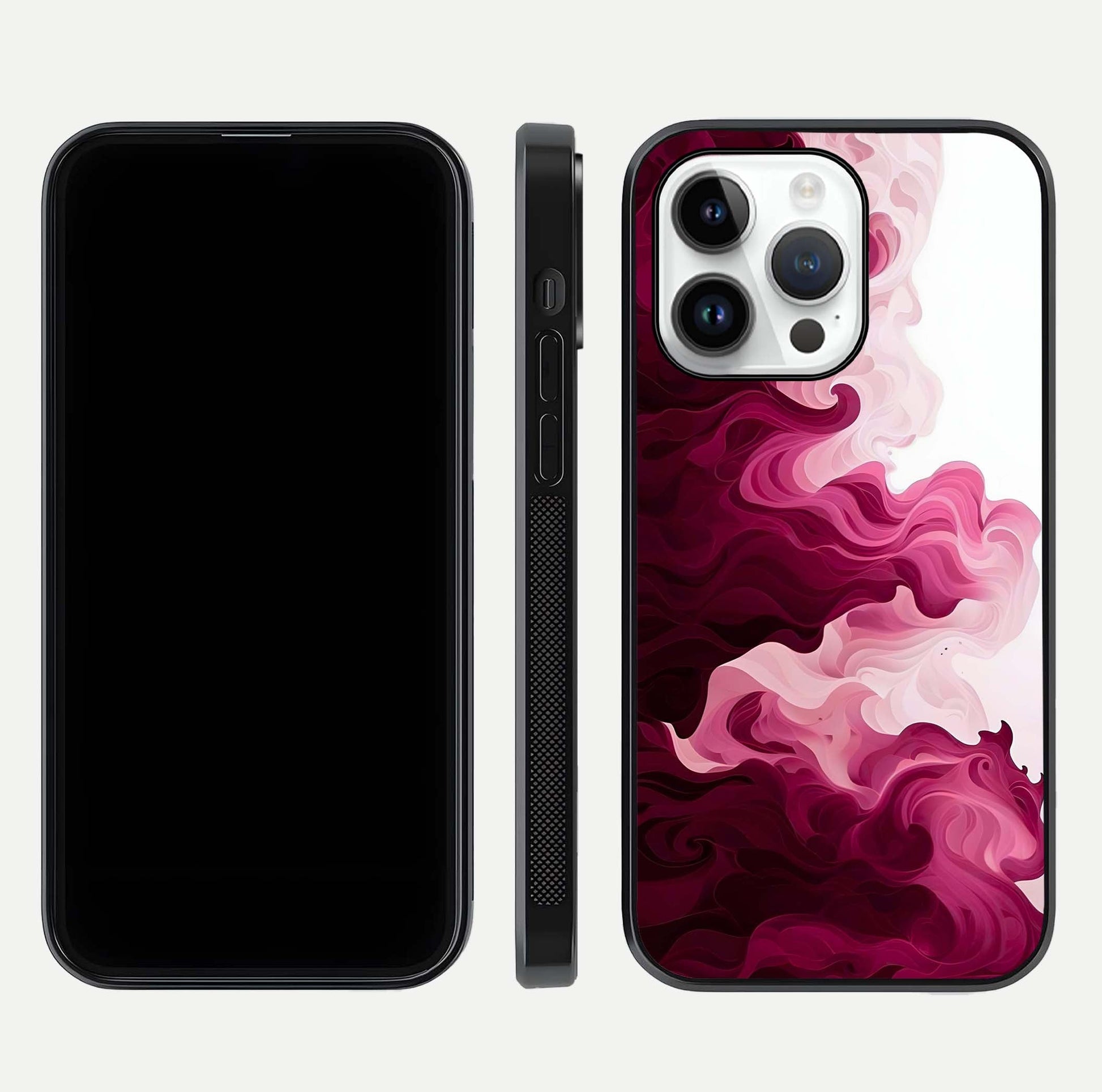 Crimson Wave Flow Glass Case for iPhone 14 Pro dual-view layout displaying curved wave art and polished surface