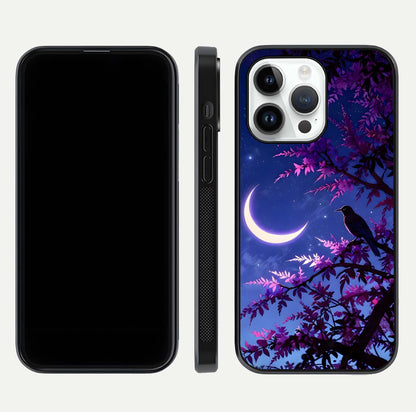 Crow & Moon Scenery Glass Case for iPhone 14 Pro dual-view layout displaying night sky art and curved glass edges