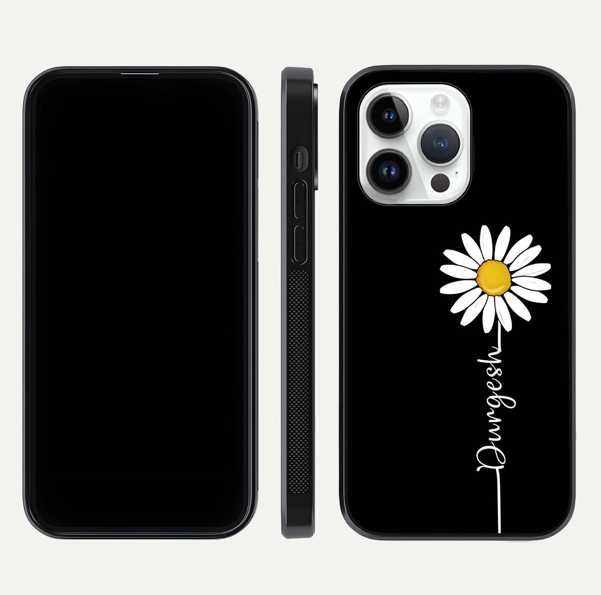 Custom Name White Flower Glass Case for iPhone 14 Pro dual-view layout showing elegant floral tone and curved edge finish