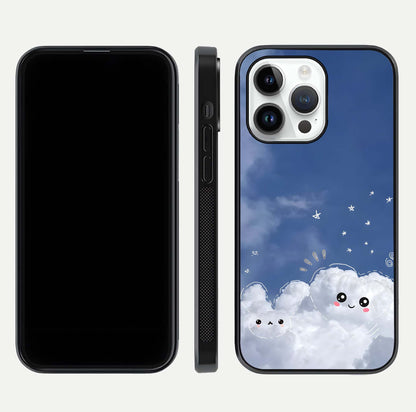 Cute Blossom Cloud Glass Case for iPhone 14 Pro dual-view layout displaying cute floral clouds and polished edge