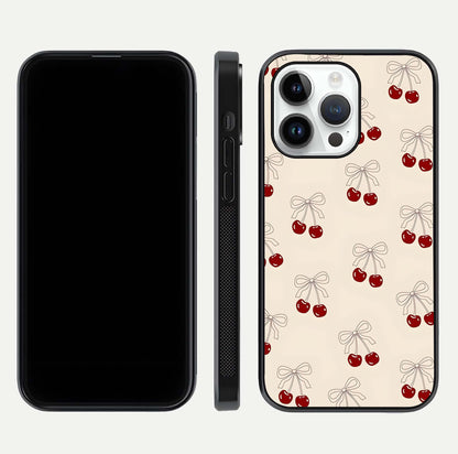 Cute Cherry Pattern Glass Case for iPhone 14 Pro dual-view layout displaying aesthetic fruit print and smooth edges