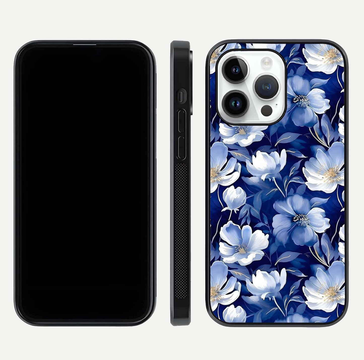 Cute Floral Patterns Glass Case for iPhone 14 Pro dual-view layout displaying HD floral print and curved edges