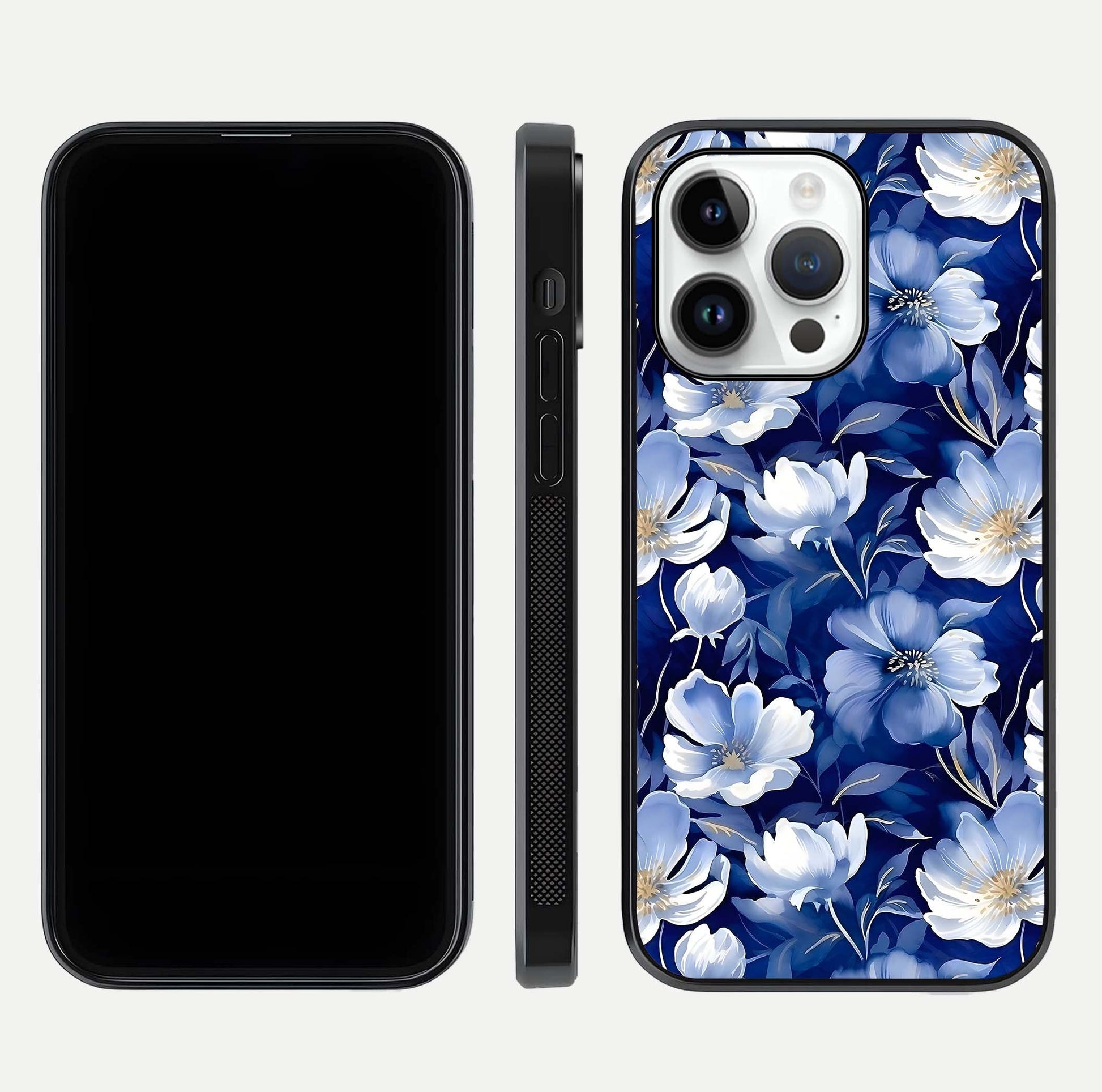 Cute Floral Patterns Glass Case for iPhone 14 Pro dual-view layout displaying HD floral print and curved edges