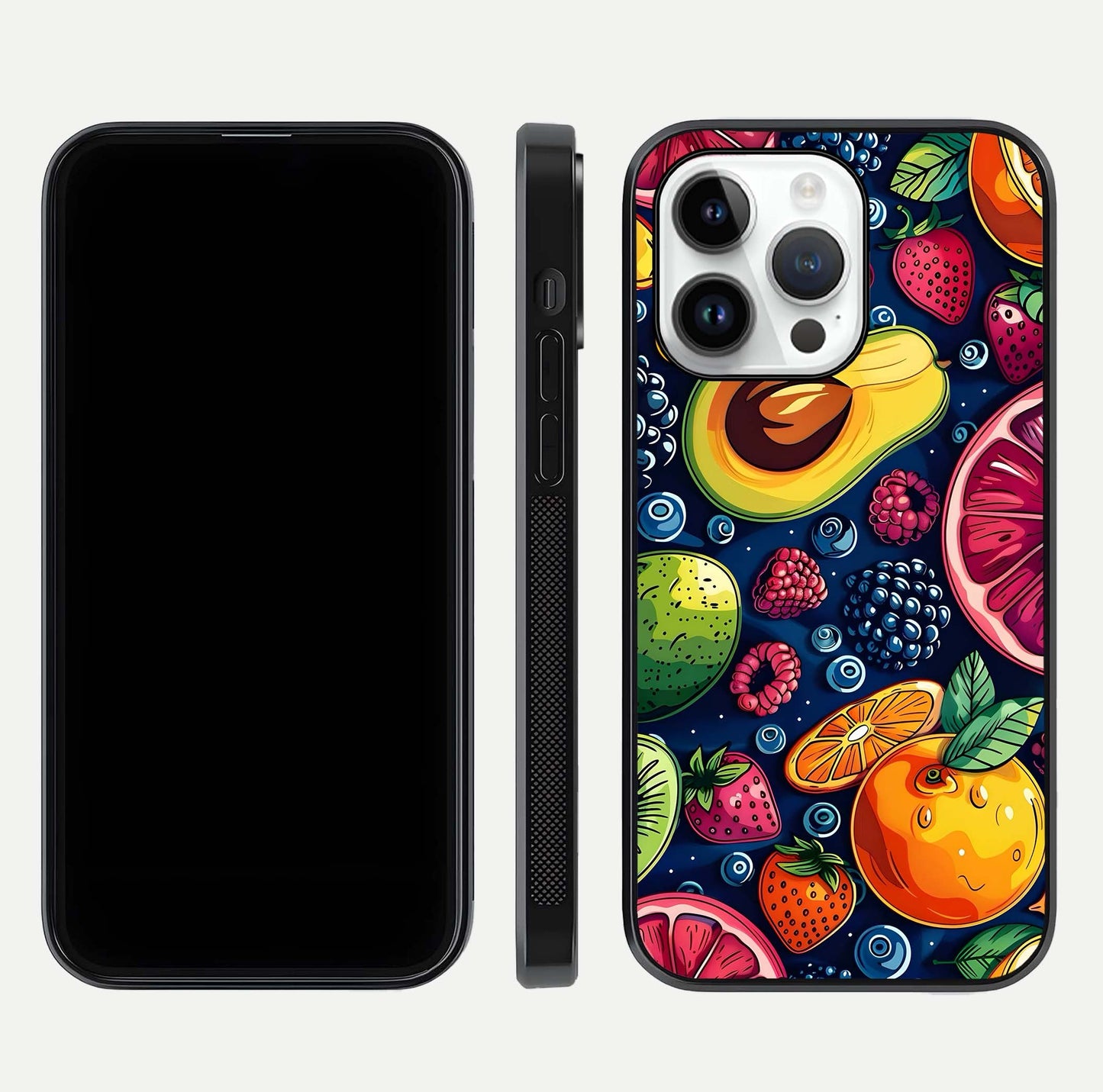 Cute Fruits Art Glass Case for iPhone 14 Pro dual-view layout displaying playful tones and curved design
