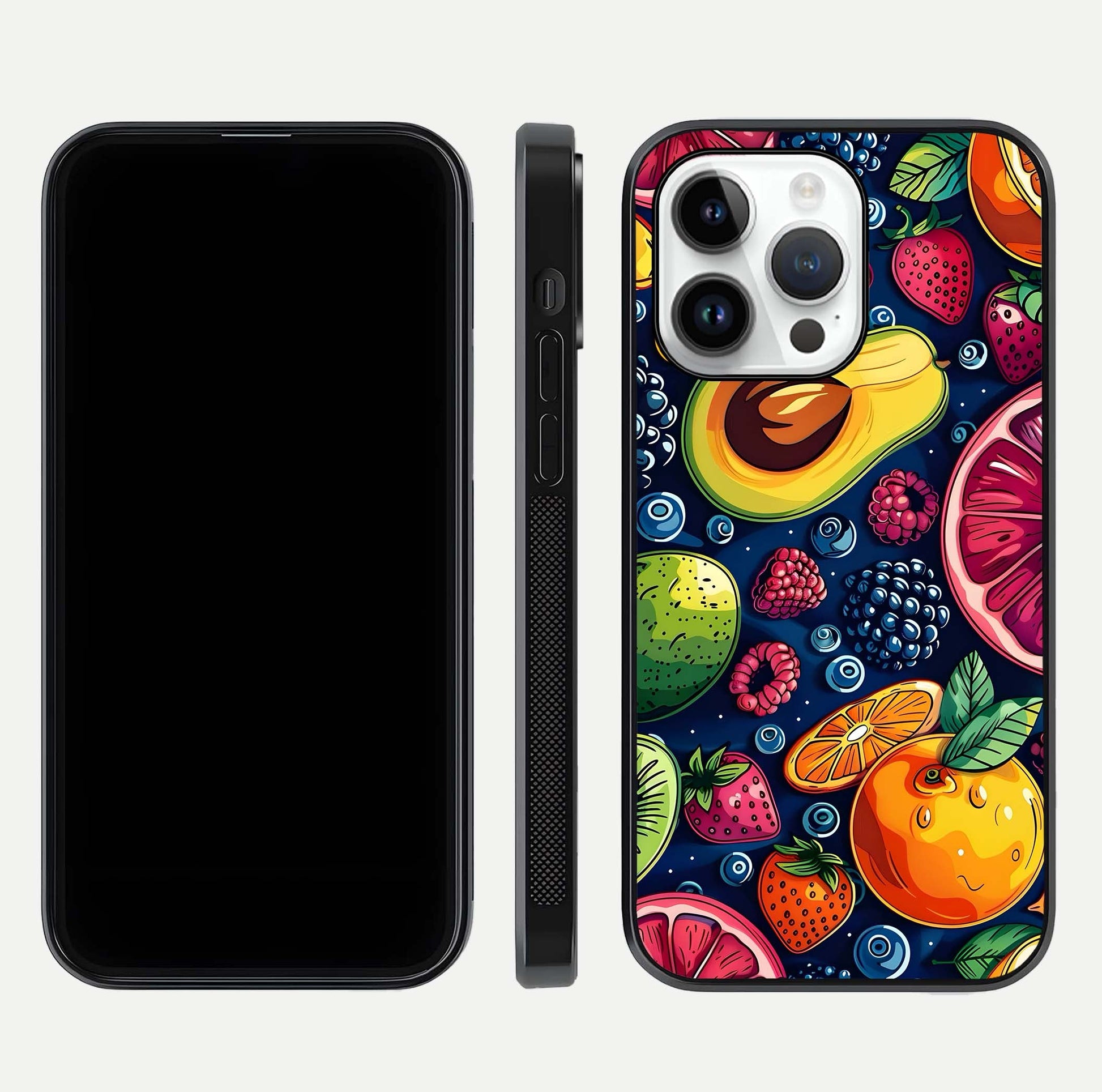Cute Fruits Art Glass Case for iPhone 14 Pro dual-view layout displaying playful tones and curved design