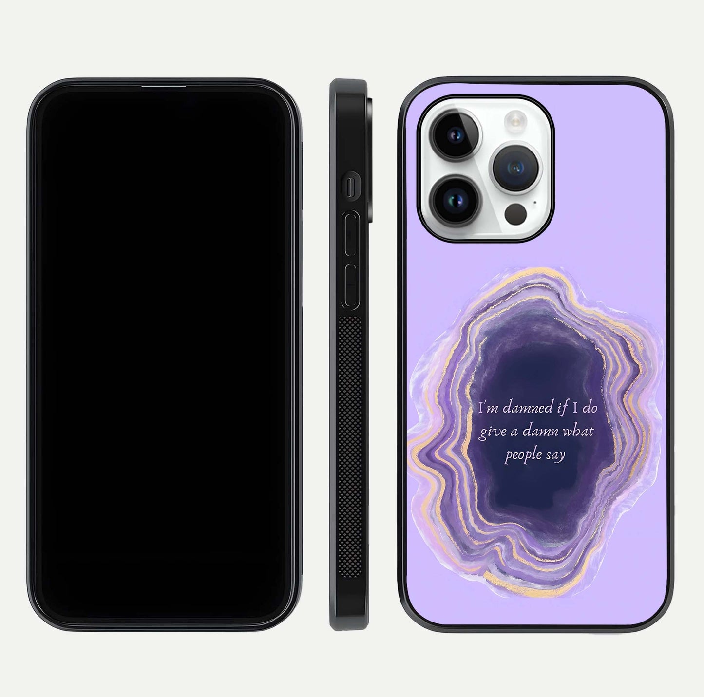 Damned People Quote Glass Case for iPhone 14 Pro dual-view layout displaying modern print and glass clarity