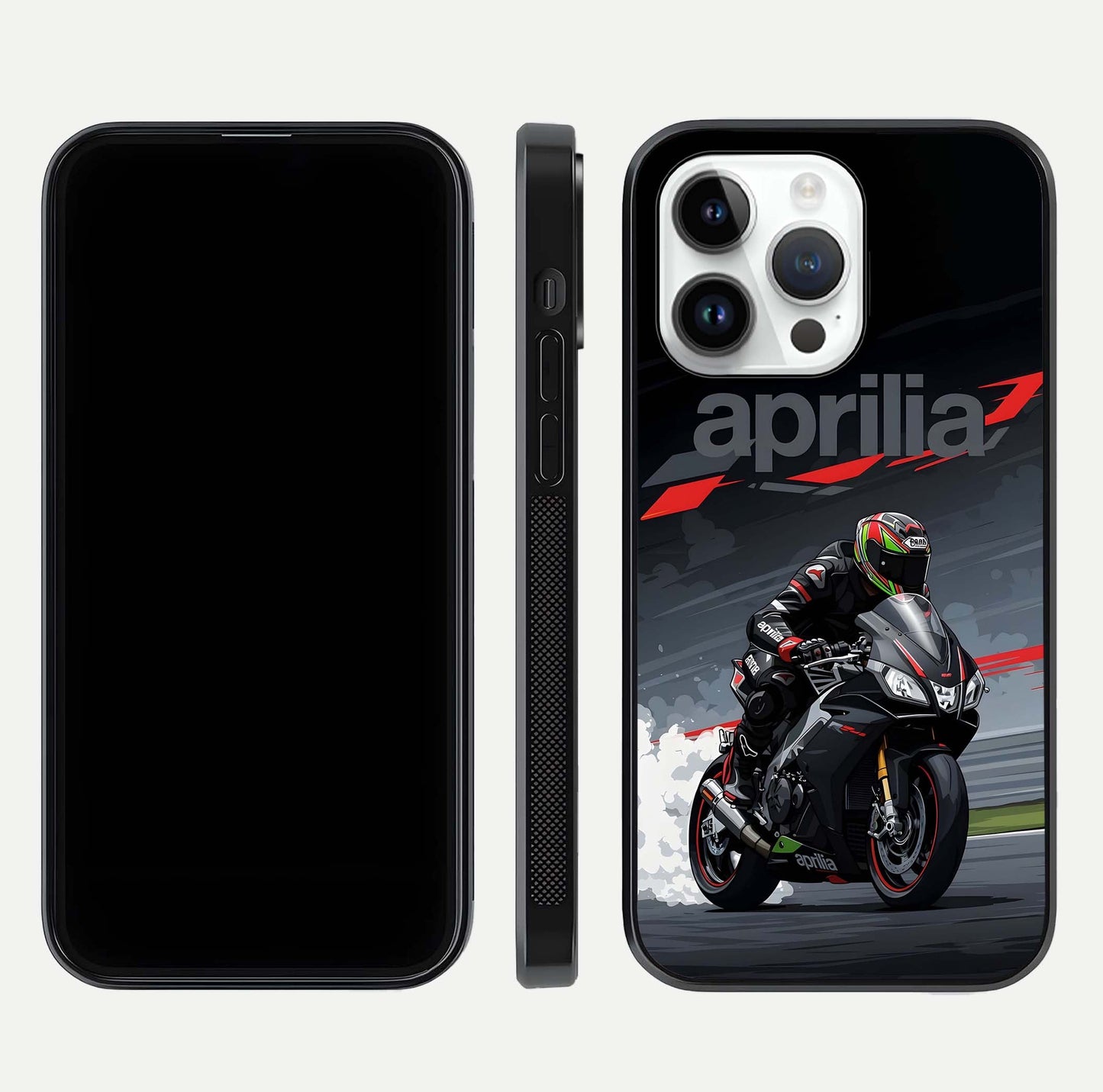 Dark Aprilla Glass Case for iPhone 14 Pro dual-view layout displaying sleek racing look and HD shine