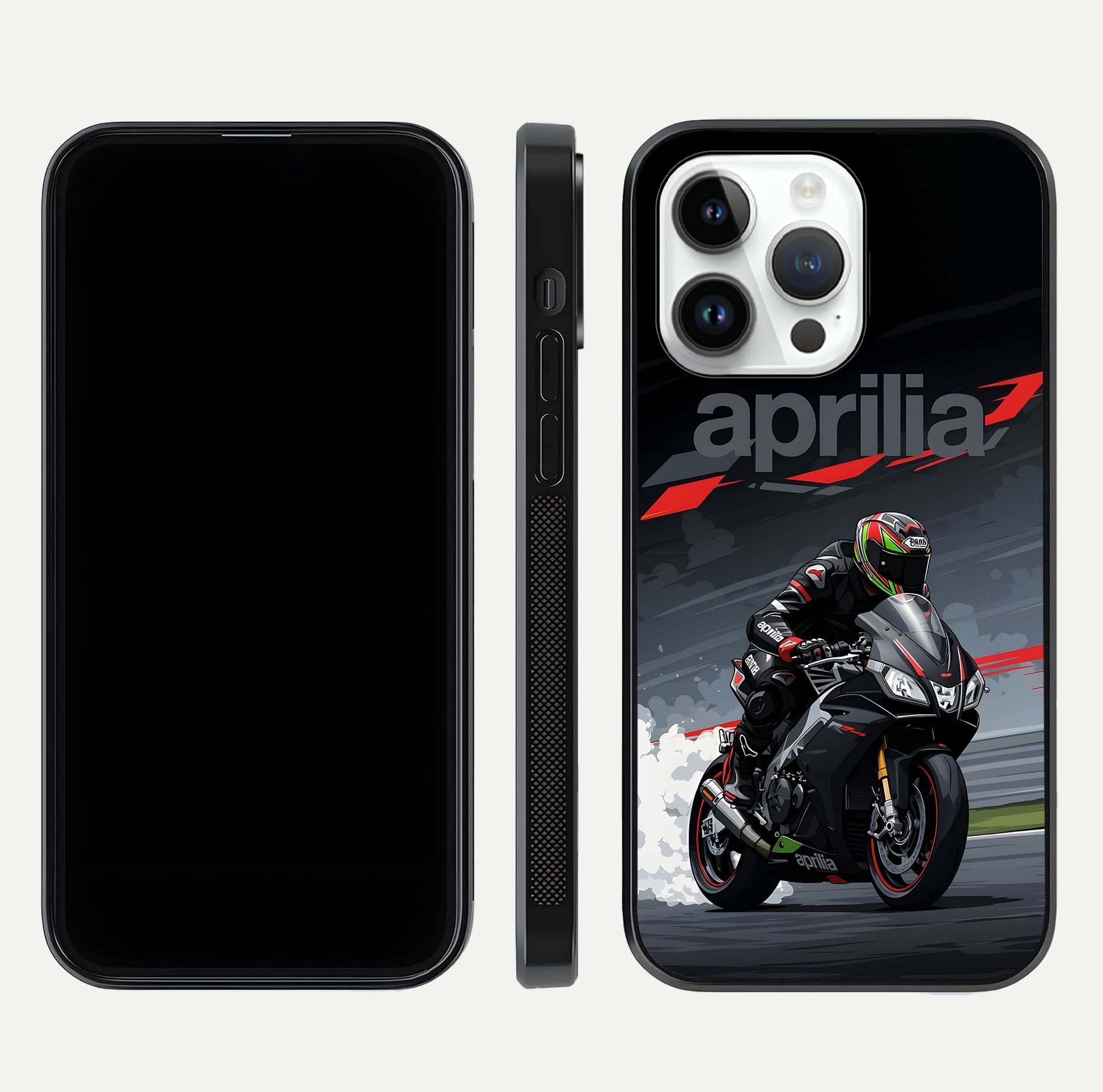 Dark Aprilla Glass Case for iPhone 14 Pro dual-view layout displaying sleek racing look and HD shine