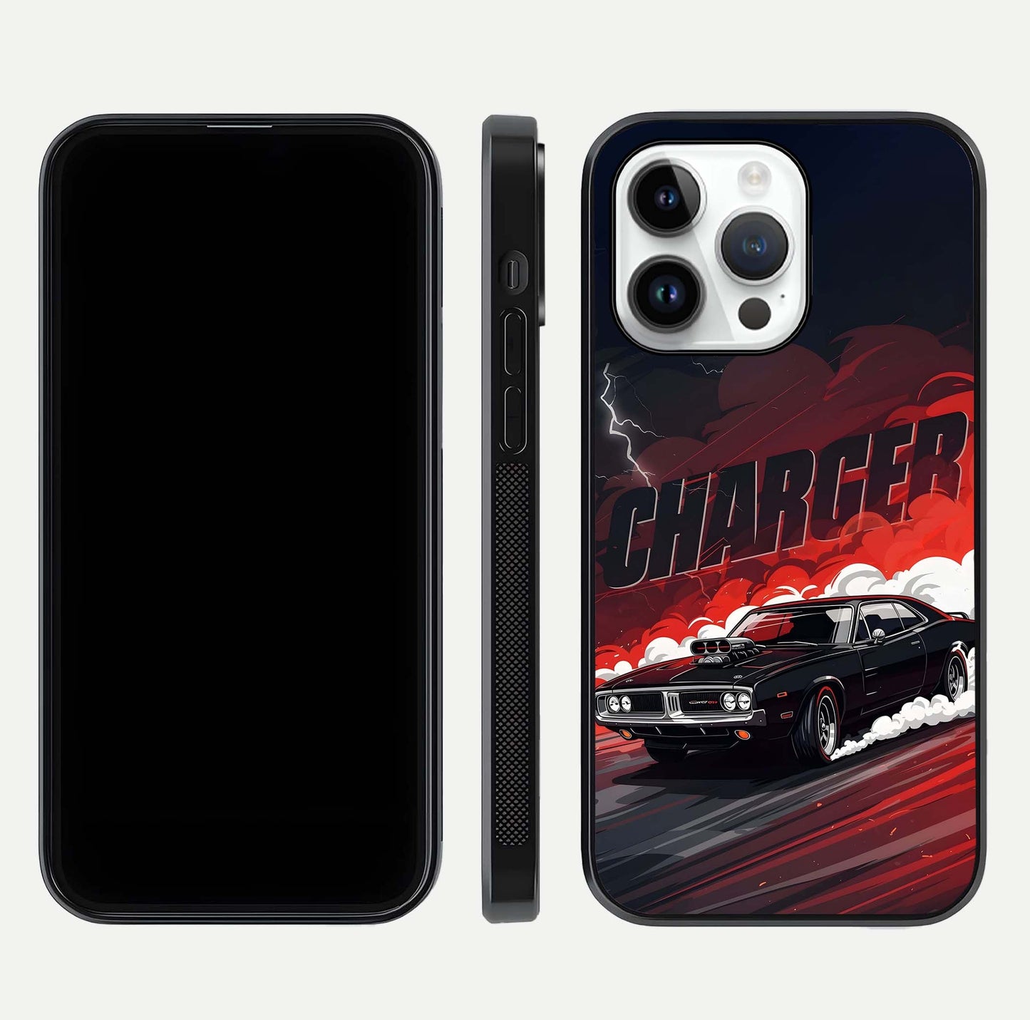 Dark Charger Fury Glass Case for iPhone 14 Pro dual-view layout displaying HD design and polished edges