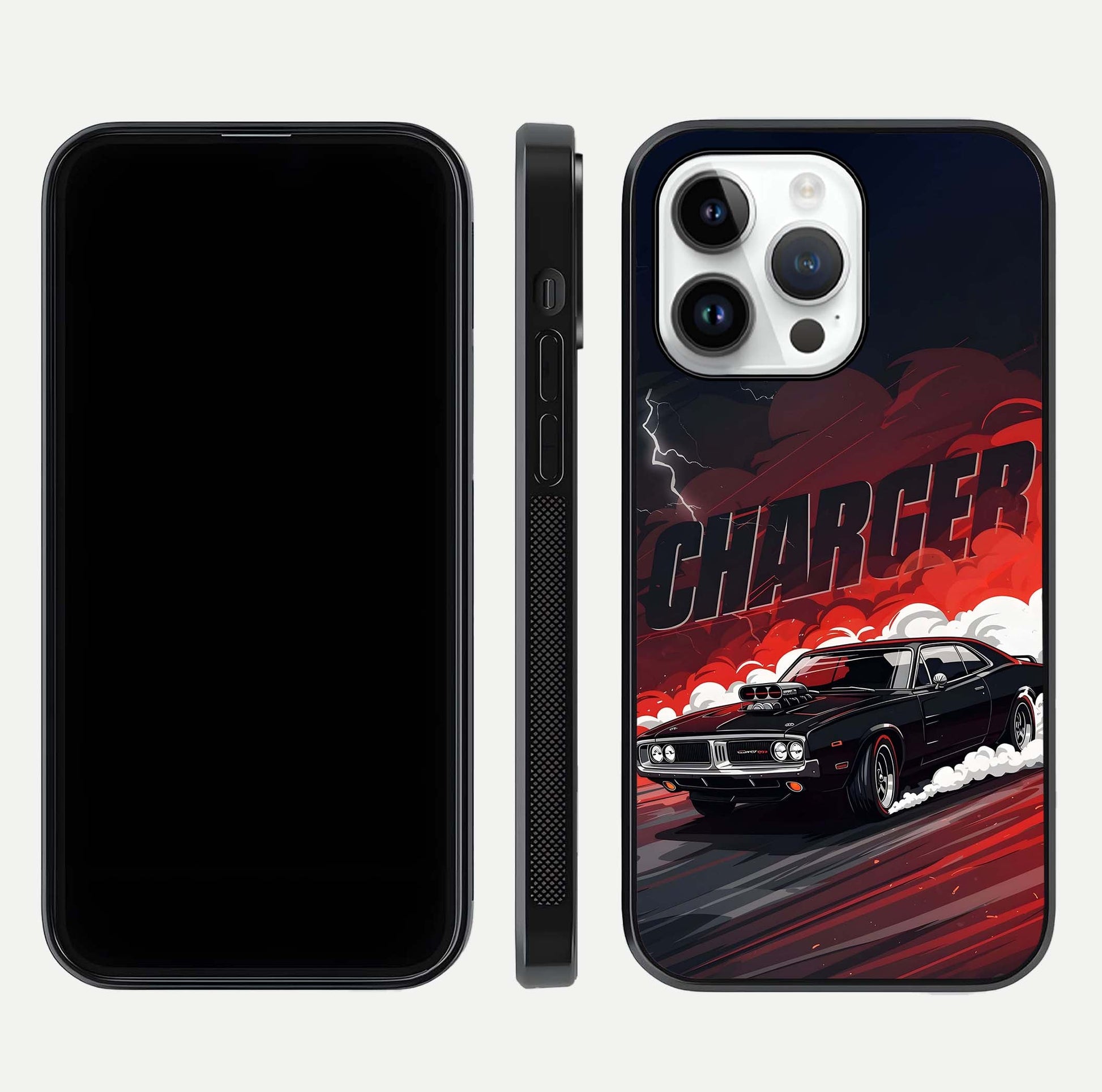 Dark Charger Fury Glass Case for iPhone 14 Pro dual-view layout displaying HD design and polished edges