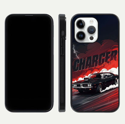 Dark Charger Fury Glass Case for iPhone 14 Pro dual-view layout displaying HD design and polished edges