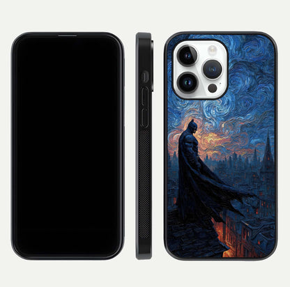 Dark Knight Dusk Glass Case for iPhone 14 Pro dual-view layout displaying HD hero print and curved glass edges