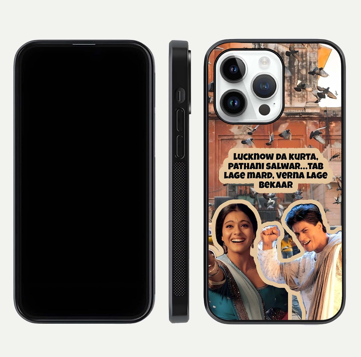 Desi Retro Vibes Glass Case for iPhone 14 Pro dual-view layout showing nostalgic design and smooth glass curve