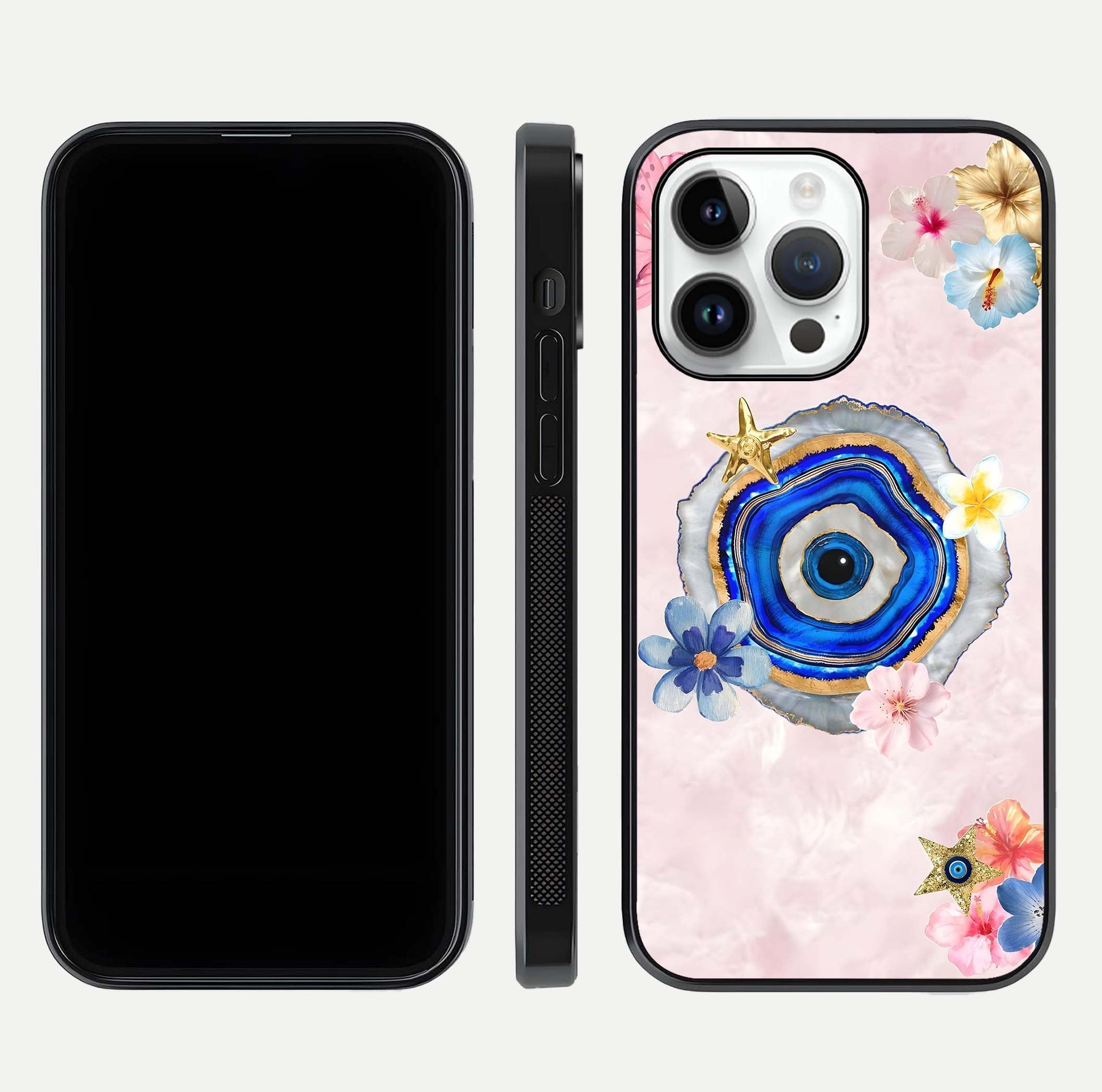Divine Aura Bloom Glass Case for iPhone 14 Pro dual-view layout displaying divine color tones and smooth edges