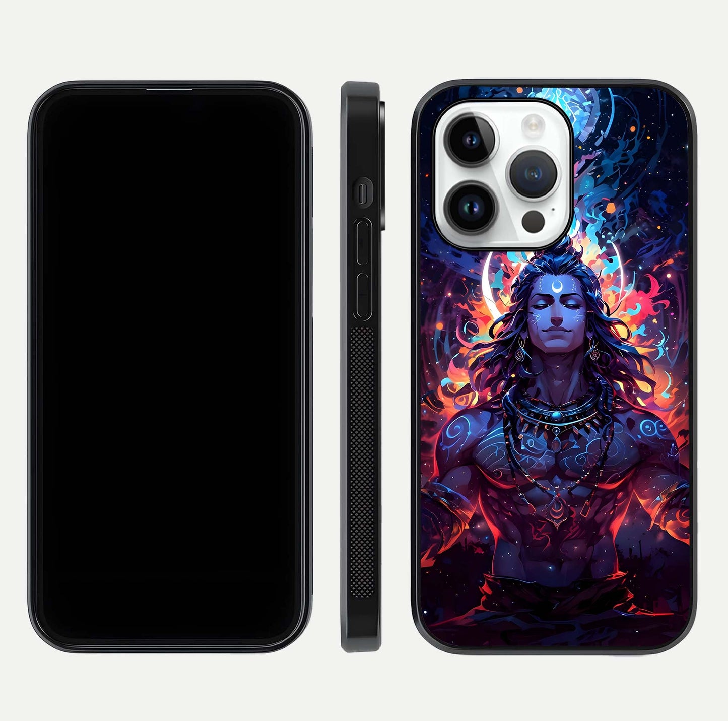 Divine Fire Shiv Glass Case for iPhone 14 Pro dual-view layout displaying HD deity print and curved edges