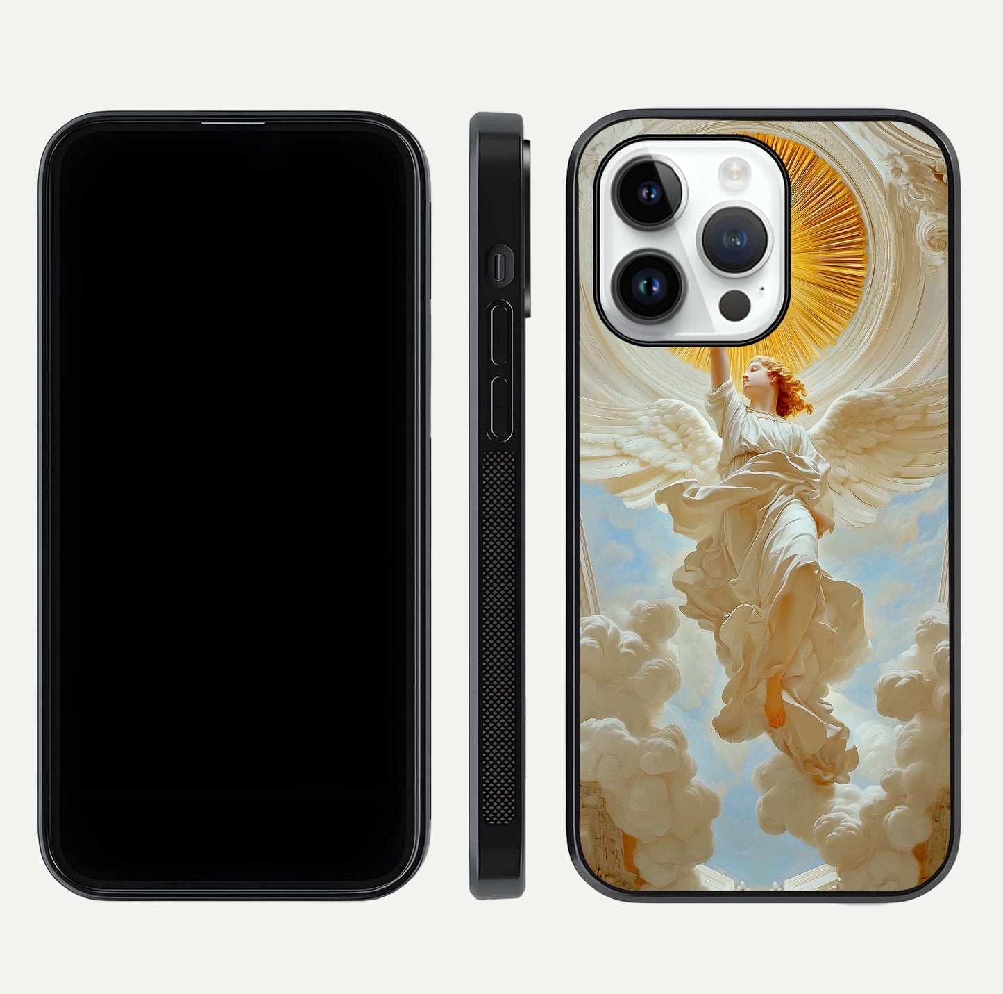 Divine Light Angel Glass Case for iPhone 14 Pro dual-view layout displaying celestial tones and smooth curves