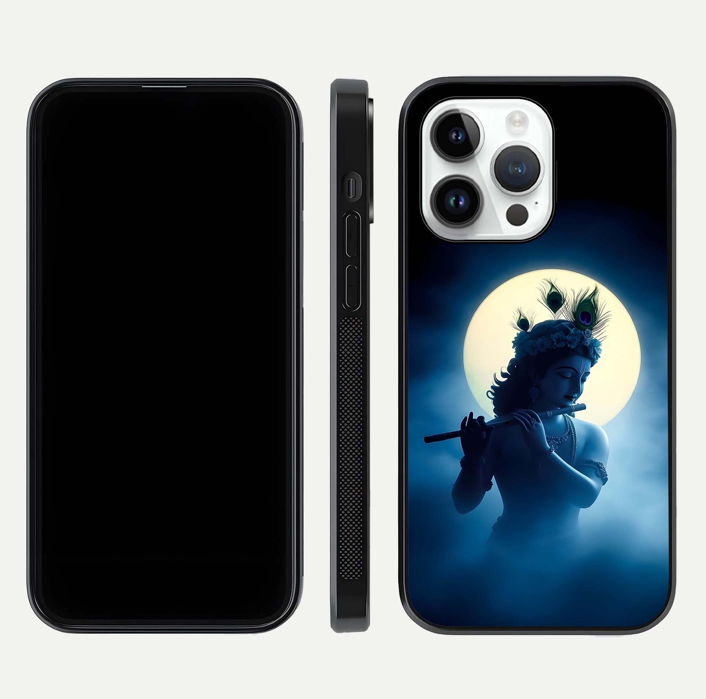 Divine Moon Flute Glass Case for iPhone 14 Pro dual-view layout displaying soft night tones and curved polish
