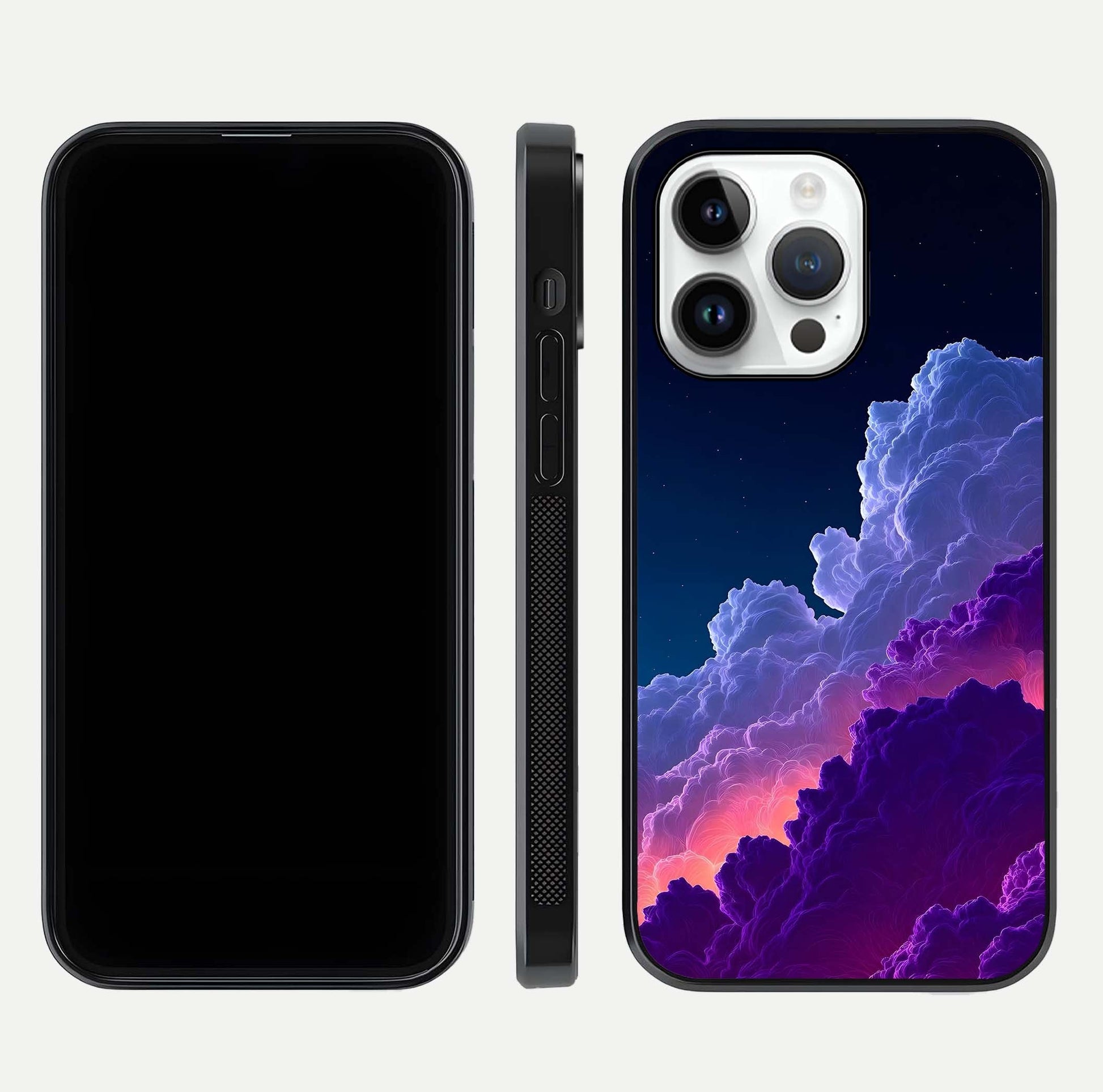 Dreamy Cloud Skies Glass Case for iPhone 14 Pro dual-view layout displaying calm sky art and smooth curve