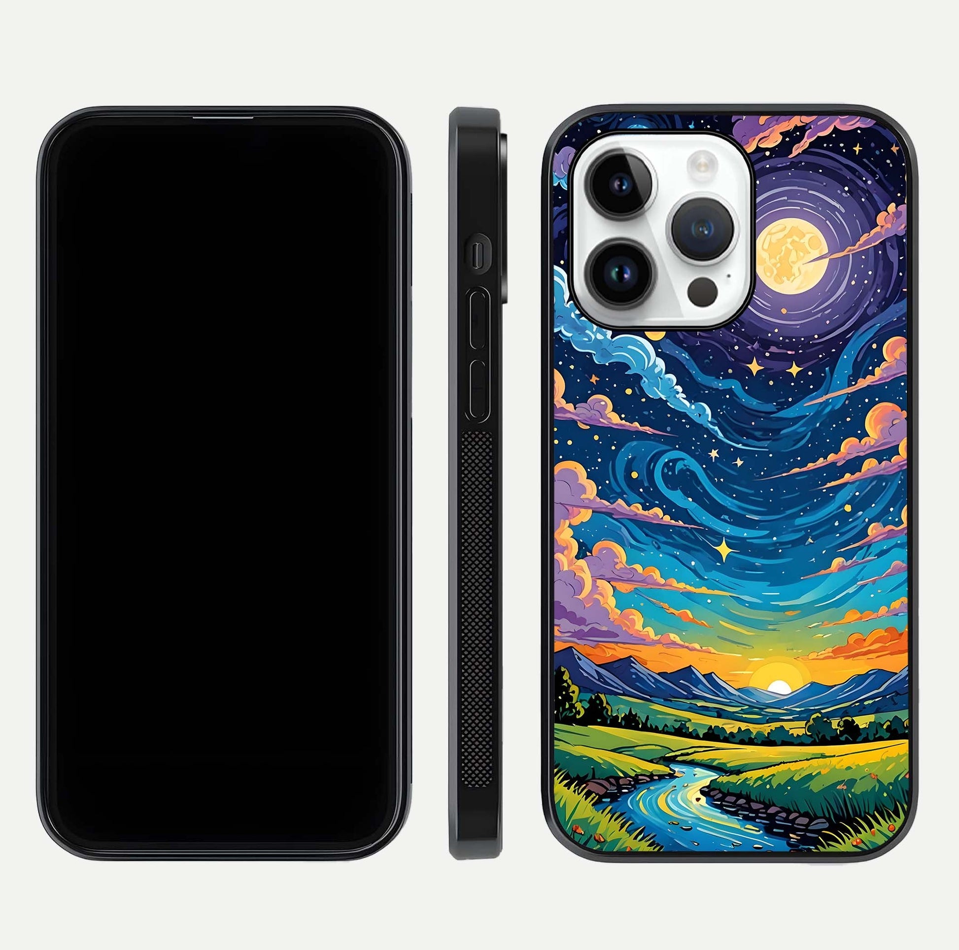 Dreamy Night Landscape Glass Case for iPhone 14 Pro dual-view layout displaying HD print and curved glass edges
