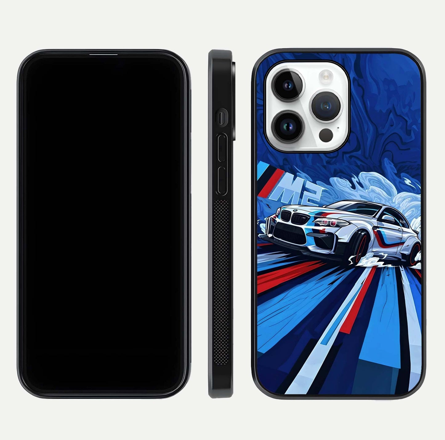 Drift Power Rush Glass Case for iPhone 14 Pro dual-view layout displaying dynamic motion art and HD gloss