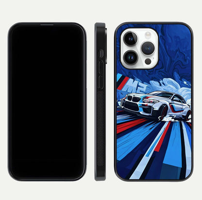 Drift Power Rush Glass Case for iPhone 14 Pro dual-view layout displaying dynamic motion art and HD gloss